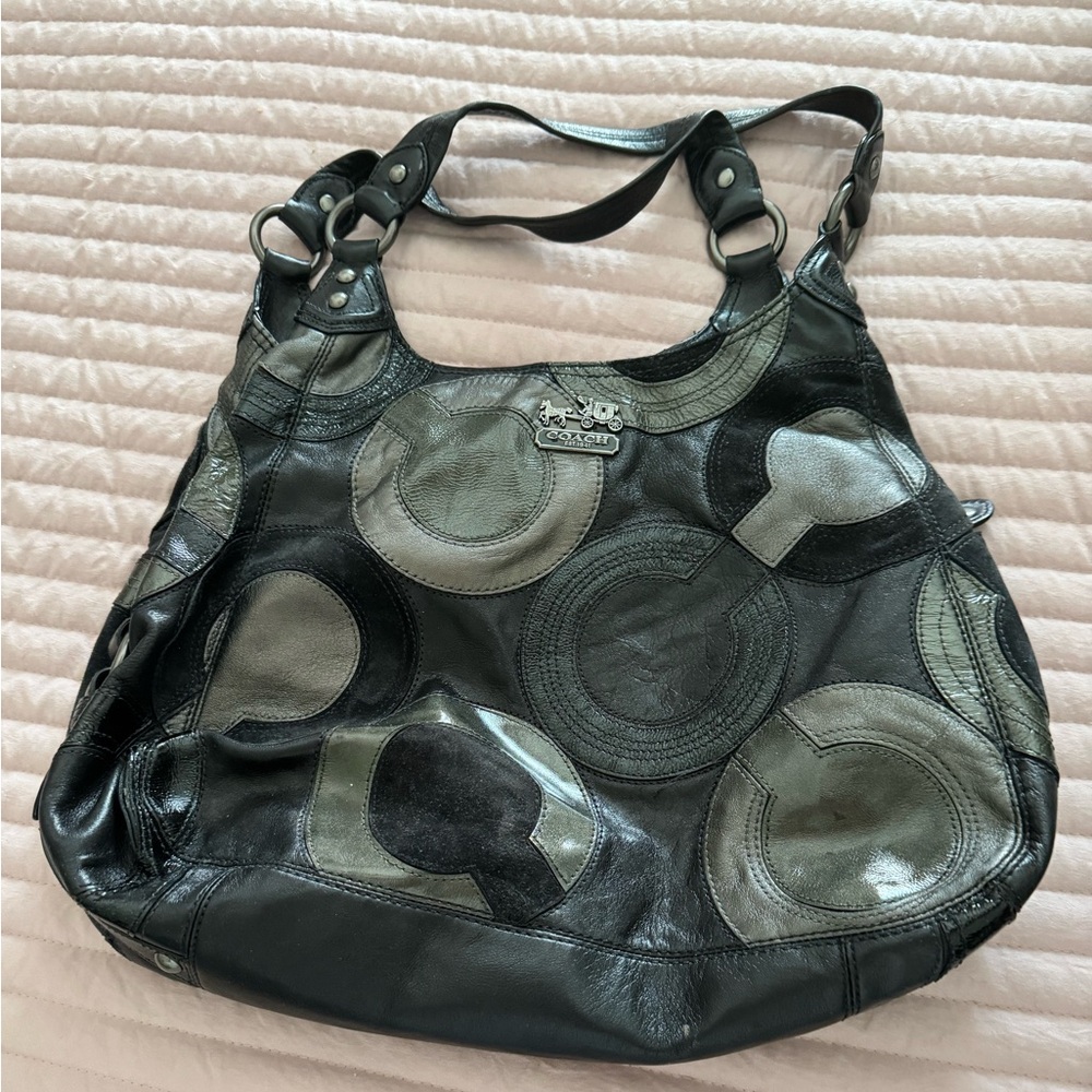 Coach Inlaid Op Art Gunmetal & Black Leather Shoulder Bag